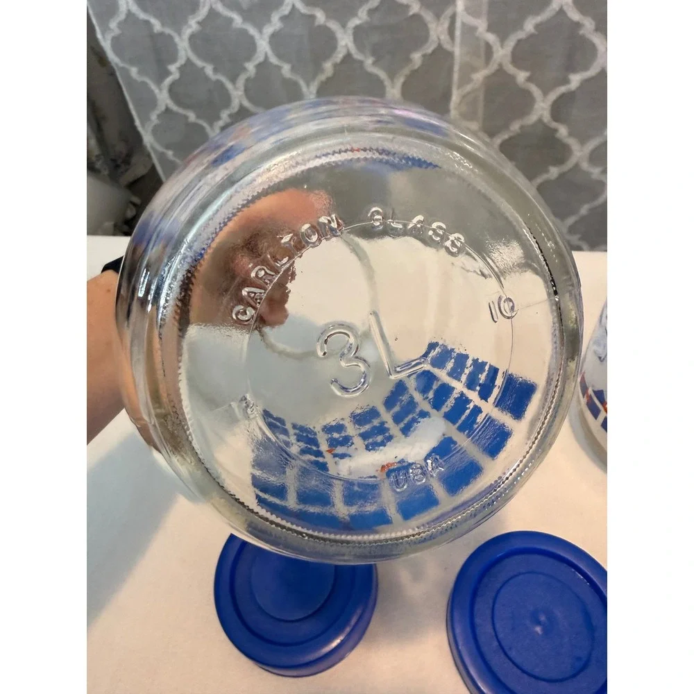 Vintage Country Geese Glass Canister Set 1L 3L Blue Checkered Jars with Lids